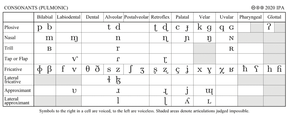 the consonant chart of the 2020 version of the International Phonetic Alphabet